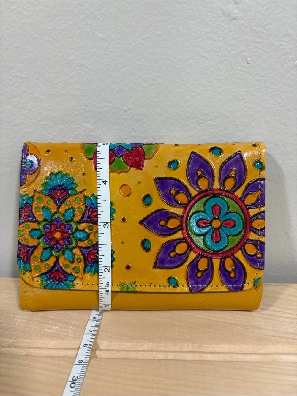 Yellow Floral Embossed Leather Wallet - Hand-Painted Design